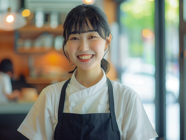 こちらに笑顔を向ける黒いエプロンを付けた女性スタッフ