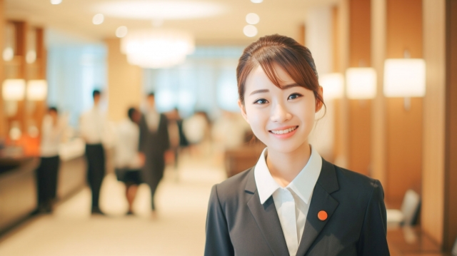 イベント会場で受付対応を行う女性スタッフ