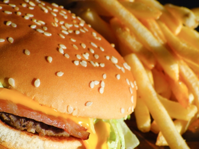 アップで撮影されたハンバーガーとポテトのイメージ