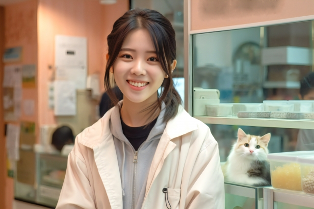 こちらに微笑むペットショップの女性店員