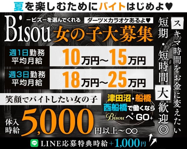 【JR津田沼駅・京成新津田沼駅】GirlsBar Bisou-ビズ-（習志野市）の女性バイト求人情報