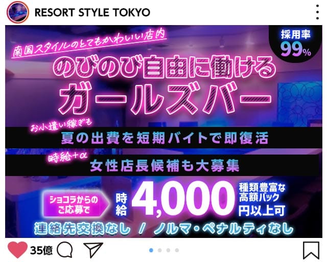 Cafe&Bar リゾートスタイルトーキョー（豊島区）の女性バイト求人情報